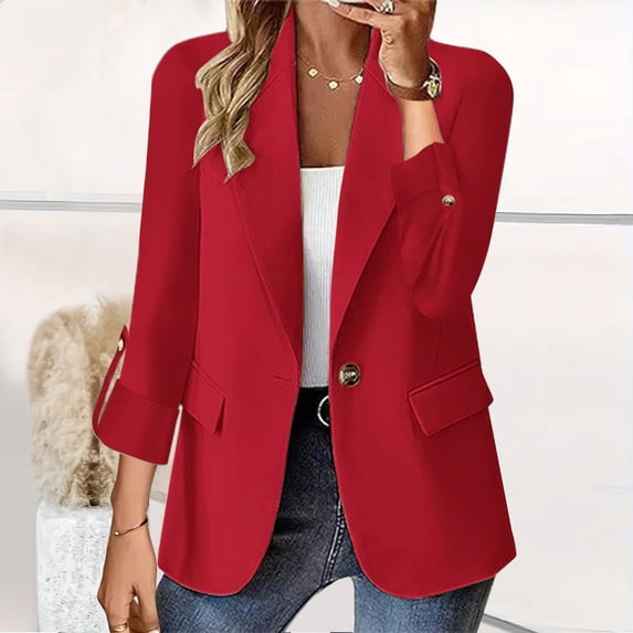 Women's Fashion Long Sleeve Solid Cardigan Blazer Jacket Red XL