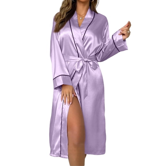 Women's Fashion Long Sleeve Solid Color Cardigan Bathrobe - Homewear Nightgown, Light Purple, XXL