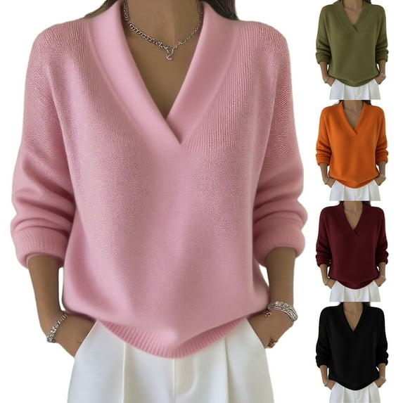 Women's Fashion Long Sleeve Solid Color Pullover Knitted Sweater, Cozy and Stylish, Great for Casual Wear and Seasonal Outfits,Pink,L