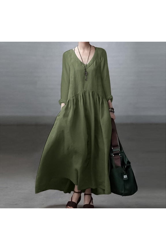 Women's Fashion Long Sleeve V Neck Casual Linen Maxi Dress With Elegant Vest Design Ladies Dresses Casual Long Beach Dresses for Women Summer Long Dress with Pockets Dresses for Women Loose Long Wrap