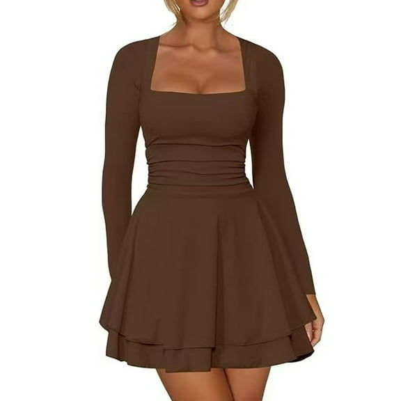Women's Fashion Long Sleeve,Women's Square Neck Pleated Hem Dress Solid Color Waist Cinched Long Sleeved Dress Coffee