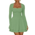 thumbnail image 1 of Women's Fashion Long Sleeve,Women's Square Neck Pleated Hem Dress Solid Color Waist Cinched Long Sleeved Dress Mint Green, 1 of 4