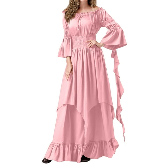 Women's Fashion Long Sleeve,Women's Vintage Solid Color Lace Collar 3/4 Sleeve Cos Dress Pink