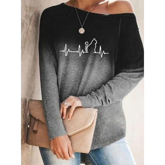 Women's Fashion Long-Sleeved Blouses Gradient Element Printed Off-Shoulder Shirts Tops