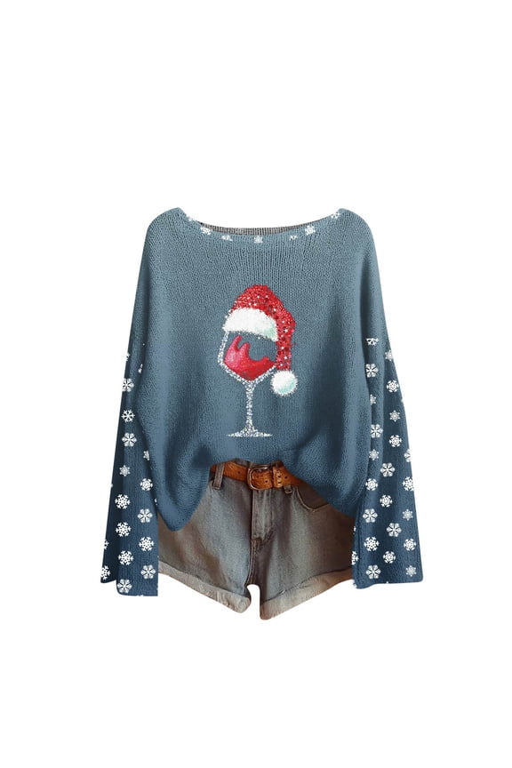 Women's Fashion Long Sleeved Elegant Sweater Top with Christmas Wine Glass Print, Unique and Festive Holiday Knitwear for Christmas Party and Events,Blue,M