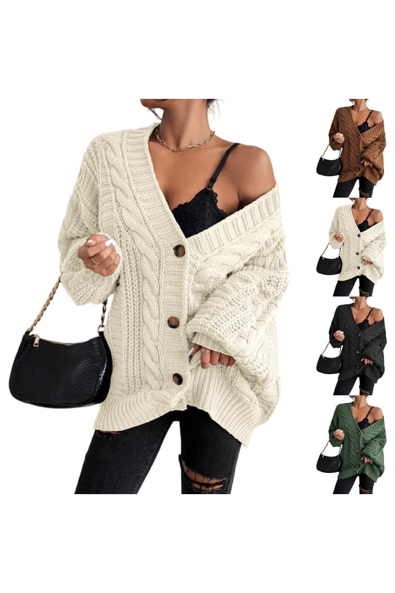Women's Fashion Loose Cable-knitted Long Sleeve Cardigan Jacket with Lantern Sleeves for Fall and Winter Wear, Comfortable and Stylish,Black,S