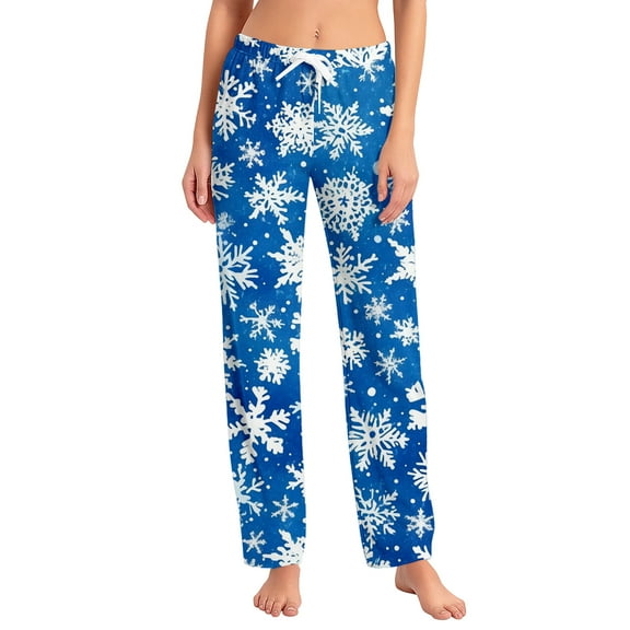 Women's Fashion Loose Casual Christmas Snowman Print Pants with Drawstring Elastic Waist, Comfortable Sleepwear and Loungewear Trousers for Home,Blue,S