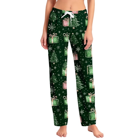 Women's Fashion Loose Casual Christmas Snowman Print Pants with Drawstring Elastic Waist, Comfortable Sleepwear and Loungewear Trousers for Home,Green,S