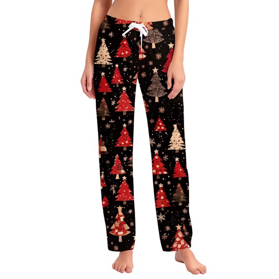 Women's Fashion Loose Casual Christmas Snowman Print Pants with Drawstring Elastic Waist, Comfortable Sleepwear and Loungewear Trousers for Home,Vermilion,XL