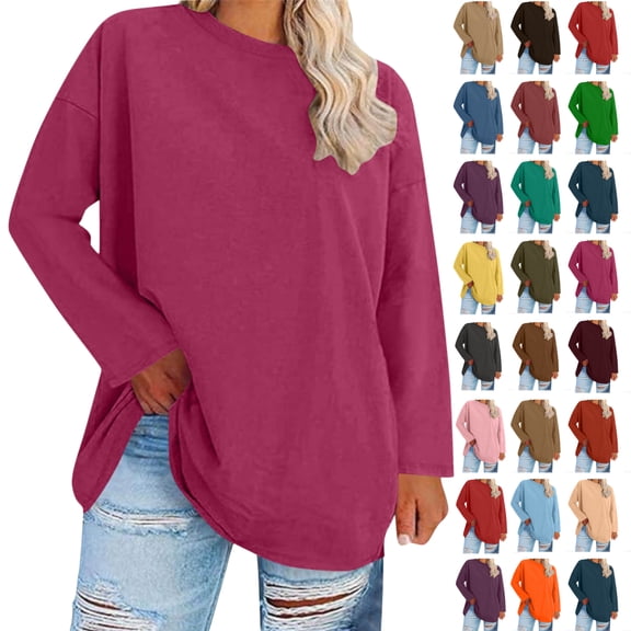 Women's Fashion Loose Casual Long Sleeve T-Shirt Round Neck Plus Size Top,Hot Pink 1_2XL