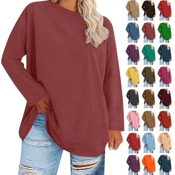 Women's Fashion Loose Casual Long Sleeve T-Shirt Round Neck Plus Size Top,Hot Pink 2_4XL