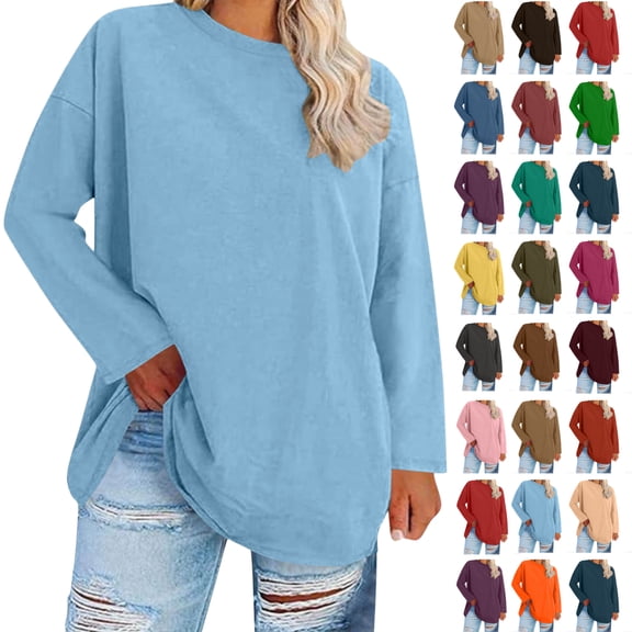 Women's Fashion Loose Casual Long Sleeve T-Shirt Round Neck Plus Size Top,Light Blue_4XL