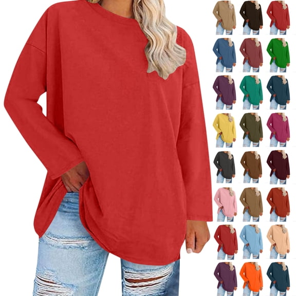Women's Fashion Loose Casual Long Sleeve T-Shirt Round Neck Plus Size Top,Red 1_5XL