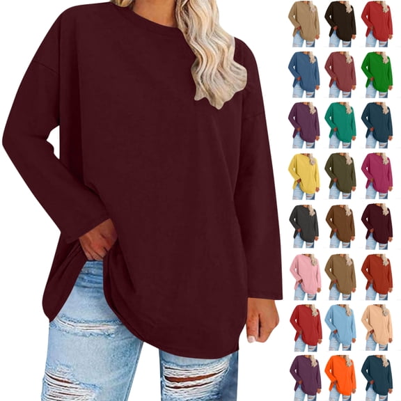 Women's Fashion Loose Casual Long Sleeve T-Shirt Round Neck Plus Size Top,Wine_3XL
