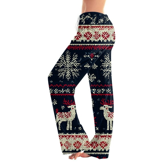 Women's Fashion Loose Casual Printed Casual Pants with Christmas Print, Comfortable Home and Sleepwear Bottoms, Elastic Waist for Easy Wear, Dark Blue, S