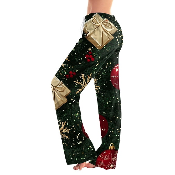 Women's Fashion Loose Christmas Print Casual Pants with Drawstring Elastic Waist, Comfortable Sleepwear and Loungewear Trousers for Home,Army Green,2XL