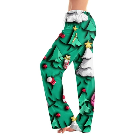 Women's Fashion Loose Christmas Print Casual Pants with Drawstring Elastic Waist, Comfortable Sleepwear and Loungewear Trousers for Home,Fluorescent Green,S