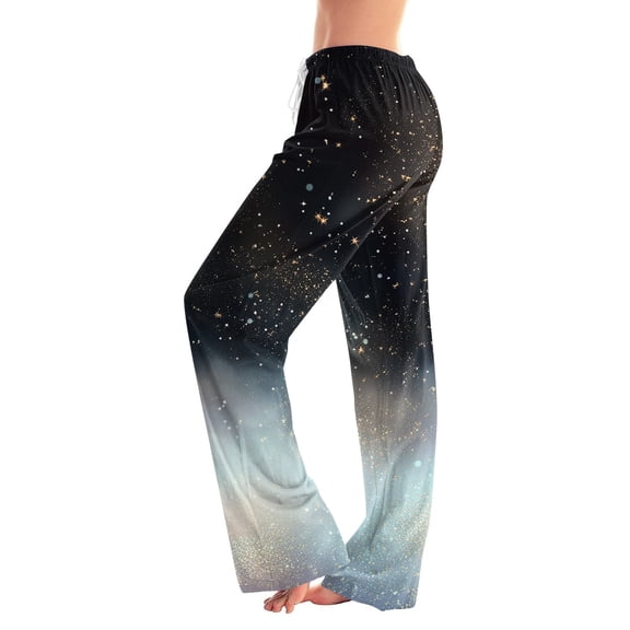 Women's Fashion Loose Christmas Print Casual Pants with Drawstring Elastic Waist, Comfortable Sleepwear and Loungewear Trousers for Home,Black,S