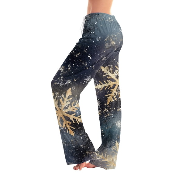 Women's Fashion Loose Christmas Print Casual Pants with Drawstring Elastic Waist, Comfortable Sleepwear and Loungewear Trousers for Home,Dark Blue,S