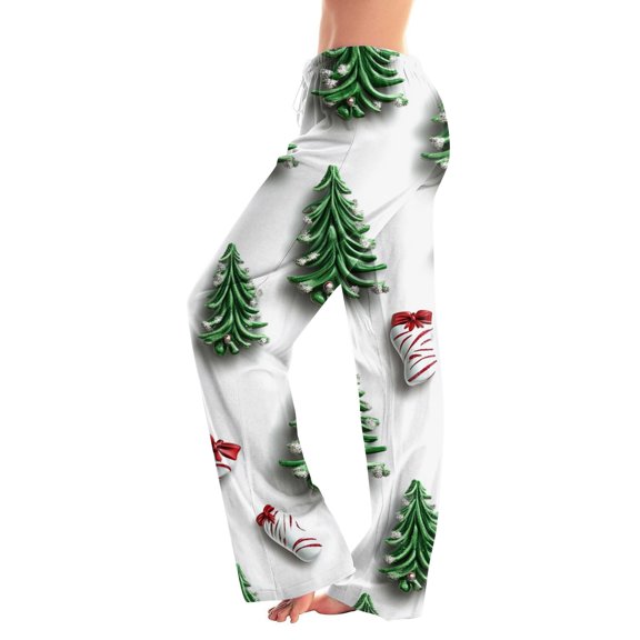 Women's Fashion Loose Christmas Print Casual Pants with Drawstring Elastic Waist, Comfortable Sleepwear and Loungewear Trousers for Home,Green,S