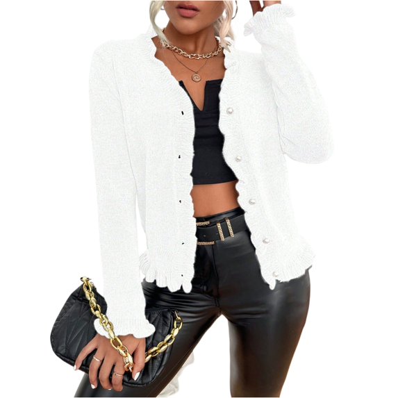 Women's Fashion Loose Comfortable Edge Ribbed Knit Cardigan Sweater Casual Long Sleeve Open Front Top for Everyday Wear,White,L