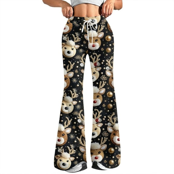 Women's Fashion Loose Drawstring Waist Christmas Printed Casual Sports Pants Casual Flared Pants, Comfortable and Stylish Bottoms for Home and Outdoor Wear, Black, S