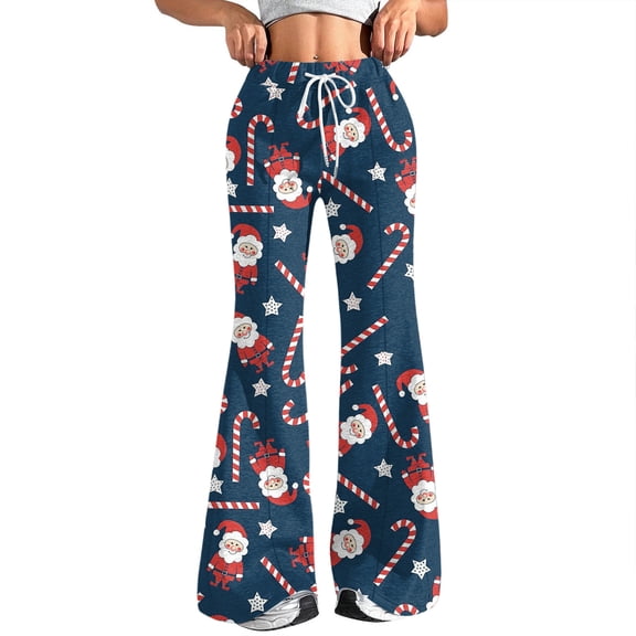 Women's Fashion Loose Drawstring Waist Christmas Printed Casual Sports Pants, Casual Flared Pants with Snowflake Design for Winter Holidays,Blue,M