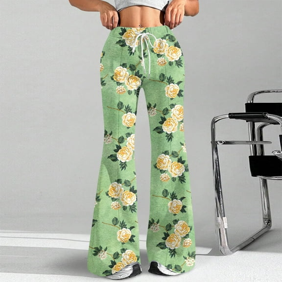 Women's Fashion Loose Drawstring Waist Floral Print Casual Sports Flared Pants, Elastic Joggers Sweatpants, Stylish Yoga Pants for Women,Green,M