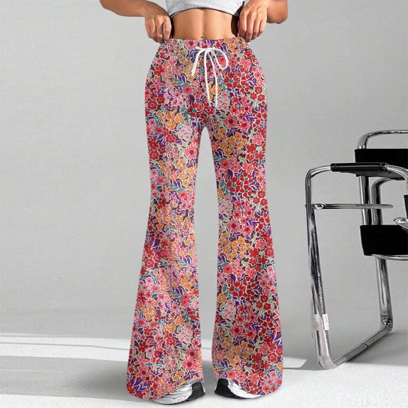 Women's Fashion Loose Drawstring Waist Floral Print Casual Sports Flared Pants, Elastic Joggers Sweatpants, Stylish Yoga Pants for Women,Pink,M