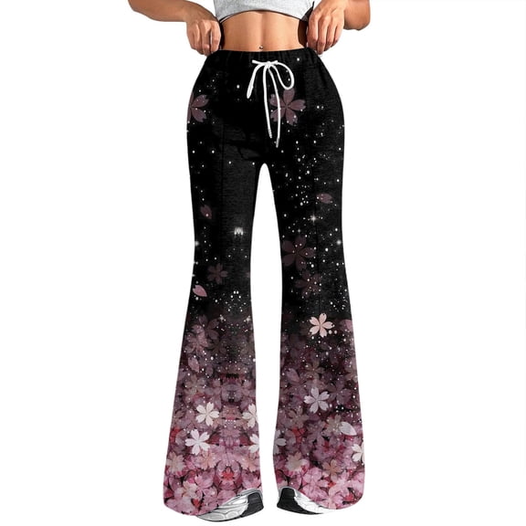 Women's Fashion Loose Drawstring Waist Floral Print Casual Sports Pants, Casual Flared Pants with Flower Design for Spring and Summer Outfits,Purple Pink,S