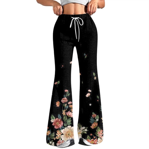 Women's Fashion Loose Drawstring Waist Floral Print Casual Sports Pants, Casual Flared Pants with Flower Design for Spring and Summer Outfits,Black,S