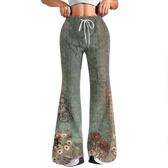 Women's Fashion Loose Drawstring Waist Floral Print Casual Sports Pants, Casual Flared Pants with Flower Design for Spring and Summer Outfits,Cyan,L