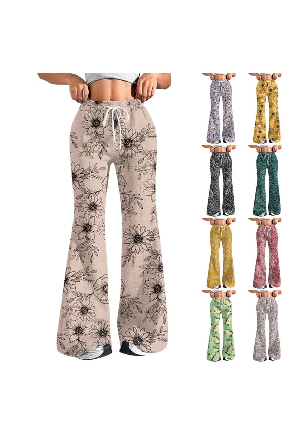 Women's Fashion Loose Drawstring Waist Floral Print Casual Sports Pants Flared Leg for Party Occasions and Winter Activities,Orange,XL