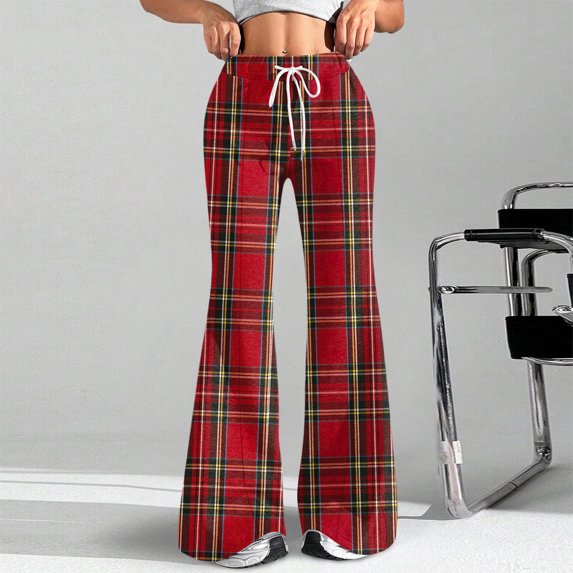 Women's Fashion Loose Drawstring Waist Plaid Printed Casual Sports Flared Pants, Elastic Joggers Sweatpants, Stylish Yoga Pants for Women,Red,XL