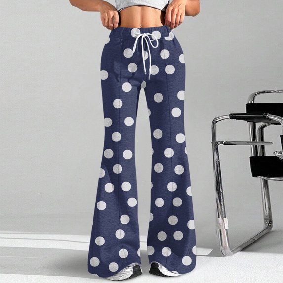 Women's Fashion Loose Drawstring Waist Polka Dot Printed Casual Sports Flared Pants, Elastic Joggers Sweatpants, Stylish Yoga Pants for Women,Royal Blue,S