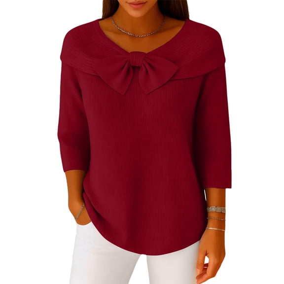 Women's Fashion Loose Fit Bow Detail Knit Jumper Solid Color Casual Sweater Long Sleeve Top for Women Everyday Elegant Look,Wine,M