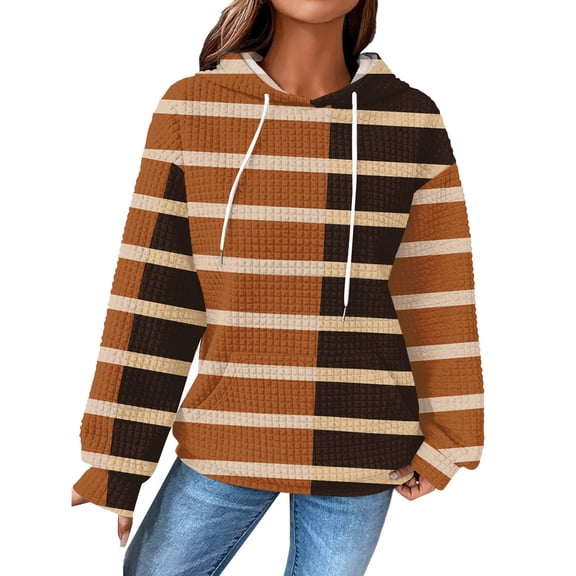 Women's Fashion Loose Hooded Pullover Long Sleeve Plaid Sweatshirt with Drawstring Drop Shoulder and Pocket Print,Brown,L