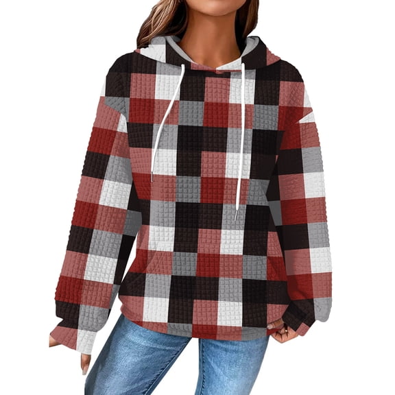 Women's Fashion Loose Hooded Pullover Long Sleeve Plaid Sweatshirt with Drawstring Drop Shoulder and Pocket Print,Coffee,S