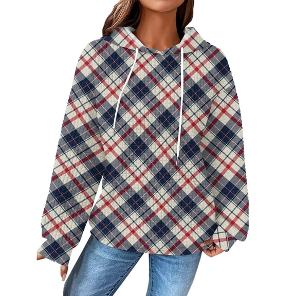 Women's Fashion Loose Hooded Pullover Long Sleeve Plaid Sweatshirt with Drawstring Drop Shoulder and Pocket Print,Dark Blue,L
