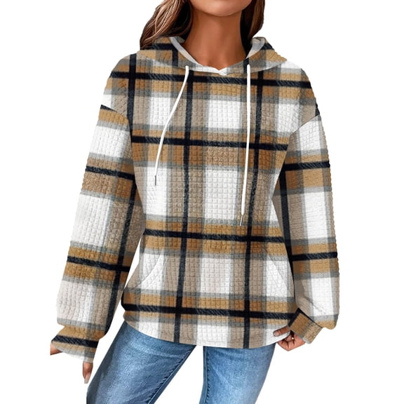 Women's Fashion Loose Hooded Pullover Long Sleeve Plaid Sweatshirt with Drawstring Drop Shoulder and Pocket Print,Khaki,S