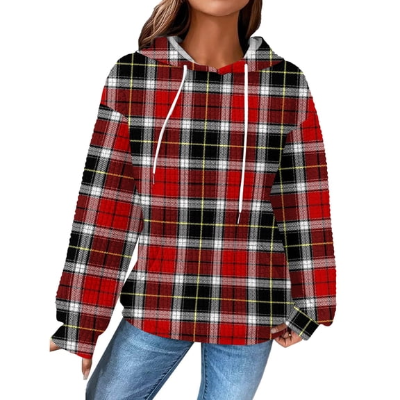 Women's Fashion Loose Hooded Pullover Long Sleeve Plaid Sweatshirt with Drawstring Drop Shoulder and Pocket Print,Red,2XL
