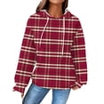 thumbnail image 1 of Women's Fashion Loose Hooded Pullover Long Sleeve Plaid Sweatshirt with Drawstring Drop Shoulder and Pocket Print,Wine,2XL, 1 of 7