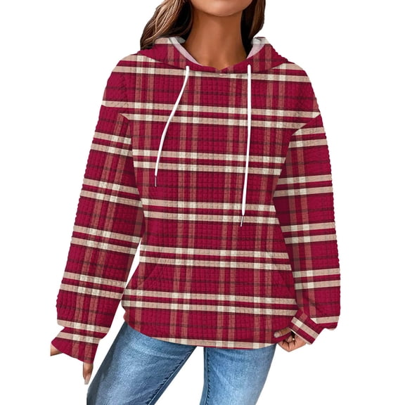 Women's Fashion Loose Hooded Pullover Long Sleeve Plaid Sweatshirt with Drawstring Drop Shoulder and Pocket Print,Wine,L