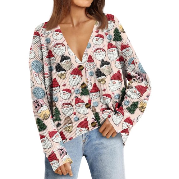 Women's Fashion Loose Knit Long Sleeve Christmas Print V-Neck Button Cardigan for Holiday Casual Wear and Comfortable Fit,Beige,S