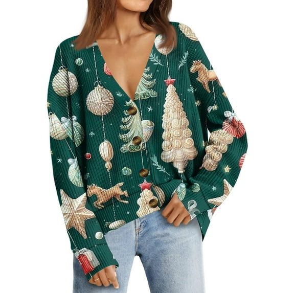 Women's Fashion Loose Knit Long Sleeve Christmas Print V-Neck Button Cardigan for Holiday Casual Wear and Comfortable Fit,Green,2XL