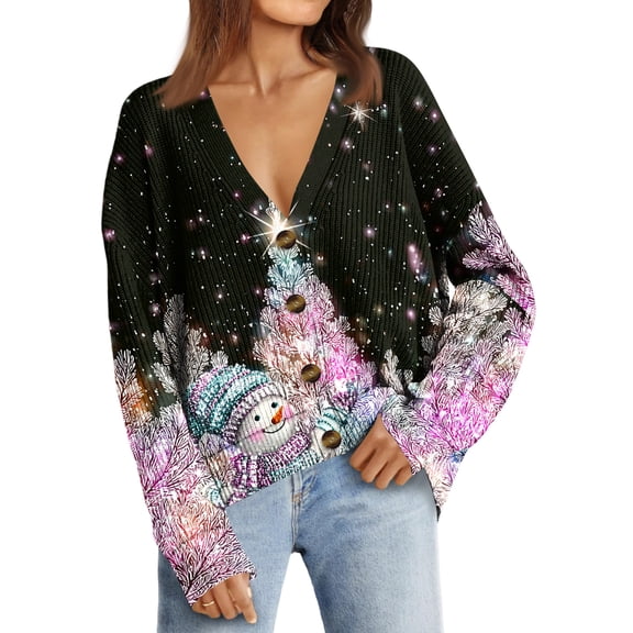 Women's Fashion Loose Knit Long Sleeve Christmas Print V-Neck Button Cardigan for Holiday Casual Wear and Comfortable Fit,Pink,S