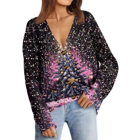 Women's Fashion Loose Knit Long Sleeve Christmas Print V-Neck Button Cardigan for Holiday Casual Wear and Comfortable Fit,Purple Pink,M