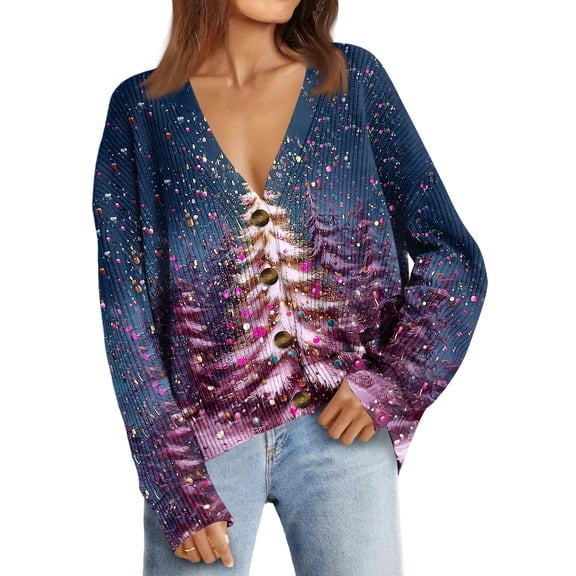 Women's Fashion Loose Knit Long Sleeve Christmas Print V-Neck Button Cardigan for Holiday Casual Wear and Comfortable Fit,Purple,S