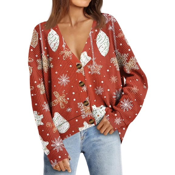 Women's Fashion Loose Knit Long Sleeve Christmas Print V-Neck Button Cardigan for Holiday Casual Wear and Comfortable Fit,Vermilion,S
