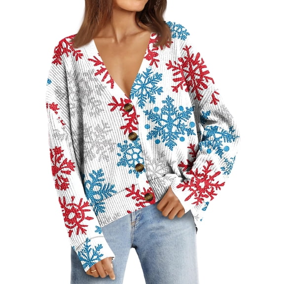 Women's Fashion Loose Knit Long Sleeve Christmas Print V-Neck Button Cardigan for Holiday Casual Wear and Comfortable Fit,White,L